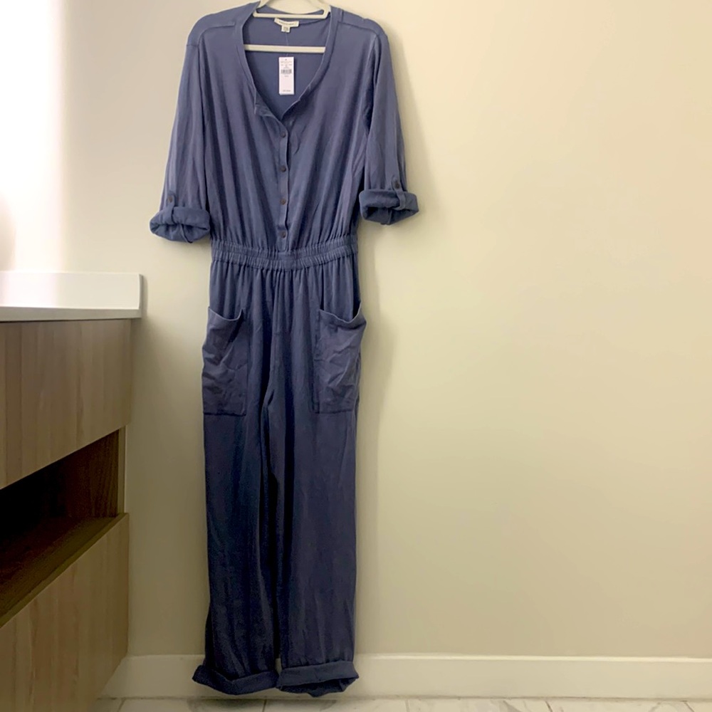 Blue American Eagle Button-Up Jumpsuit with Pockets